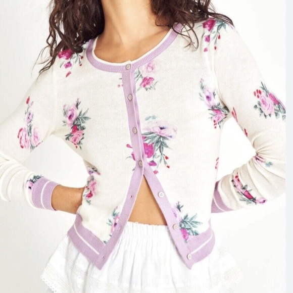 Loveshackfancy Floral Cardigan Sweater size XS - White and Purple - Picture 1 of 4